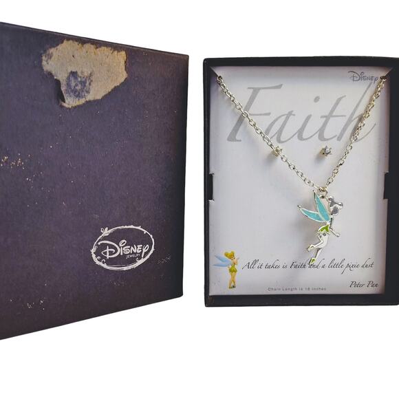 Disney Jewelry - Disney Tinker Bell Necklace and Earring Set Silver Tone NIB